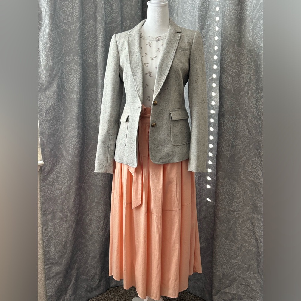 Banana Republic gray blazer with peach colored Cremieux skirt
